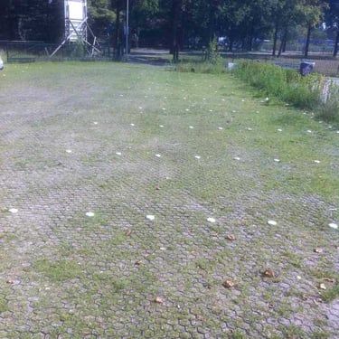 Parkeerterrein met grasplaten in aanleg met markeerdoppen